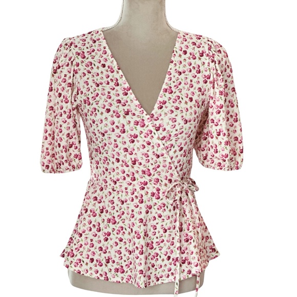 Spring Floral Top Peplum Puff Sleeve Pink White Sz 2 Faux Wrap Stretch Blouse - Picture 5 of 12